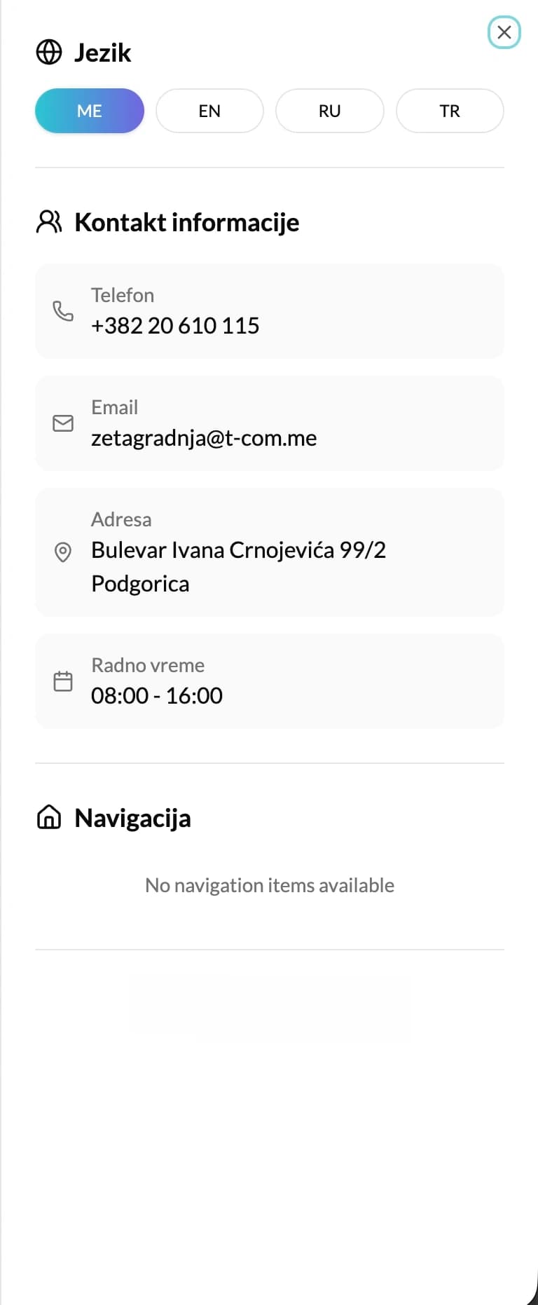 Aside — kontakt, jezik i navigacija projekta